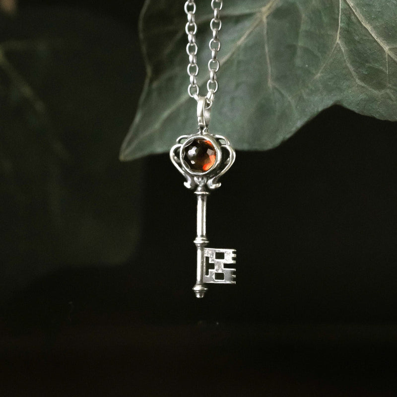 Sacred Clan: Gothic Key Small Pendant Necklace with Garnet SP327