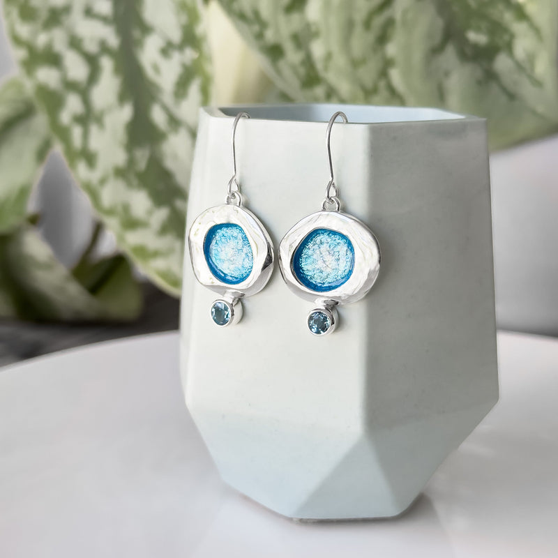 Silver 'Tidepool' Earrings with Blue Enamel and Blue Topaz ECE31